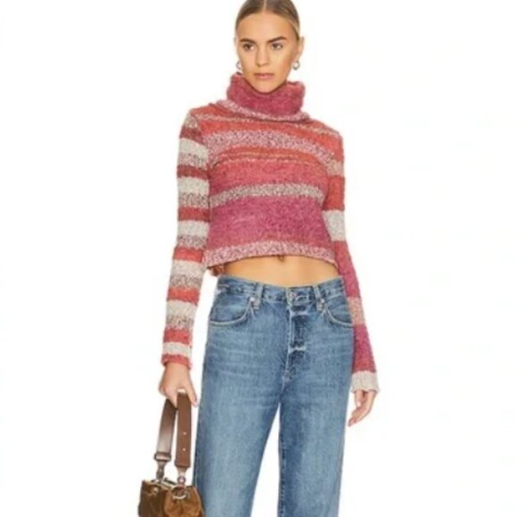 NWT Free People My Girl Sweater Women Size Medium Sunburst Combo Crop Turtleneck - Picture 2 of 12